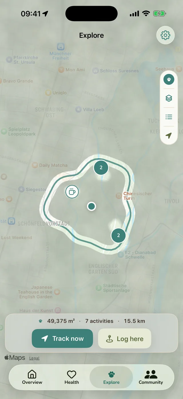 Explore map with fog and paths revealed along real walks